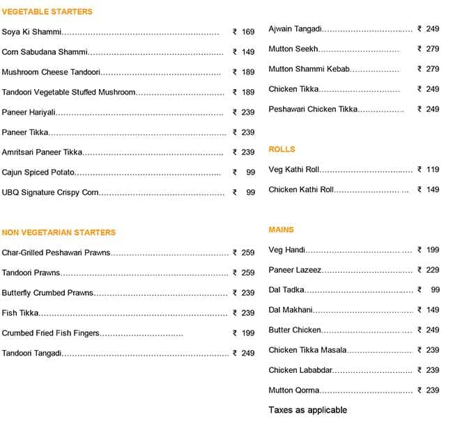 Menu of UBQ by Barbeque Nation Fraser Road Area Patna