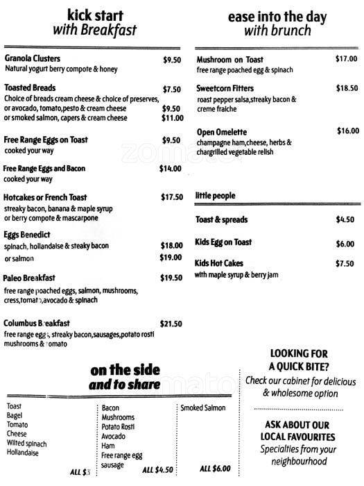 Columbus Coffee Menu, Menu for Columbus Coffee, Newtown, Wellington
