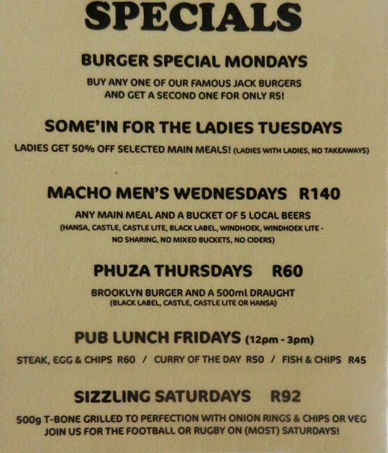 Speisekarte von Jack Rabbits pub & Bar, Durban