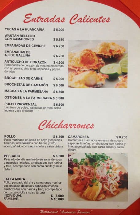 Amanecer Peruano Menu,Menú para Amanecer Peruano, Santiago 