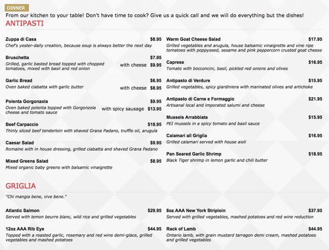 Menu de Kit Kat Italian Bar