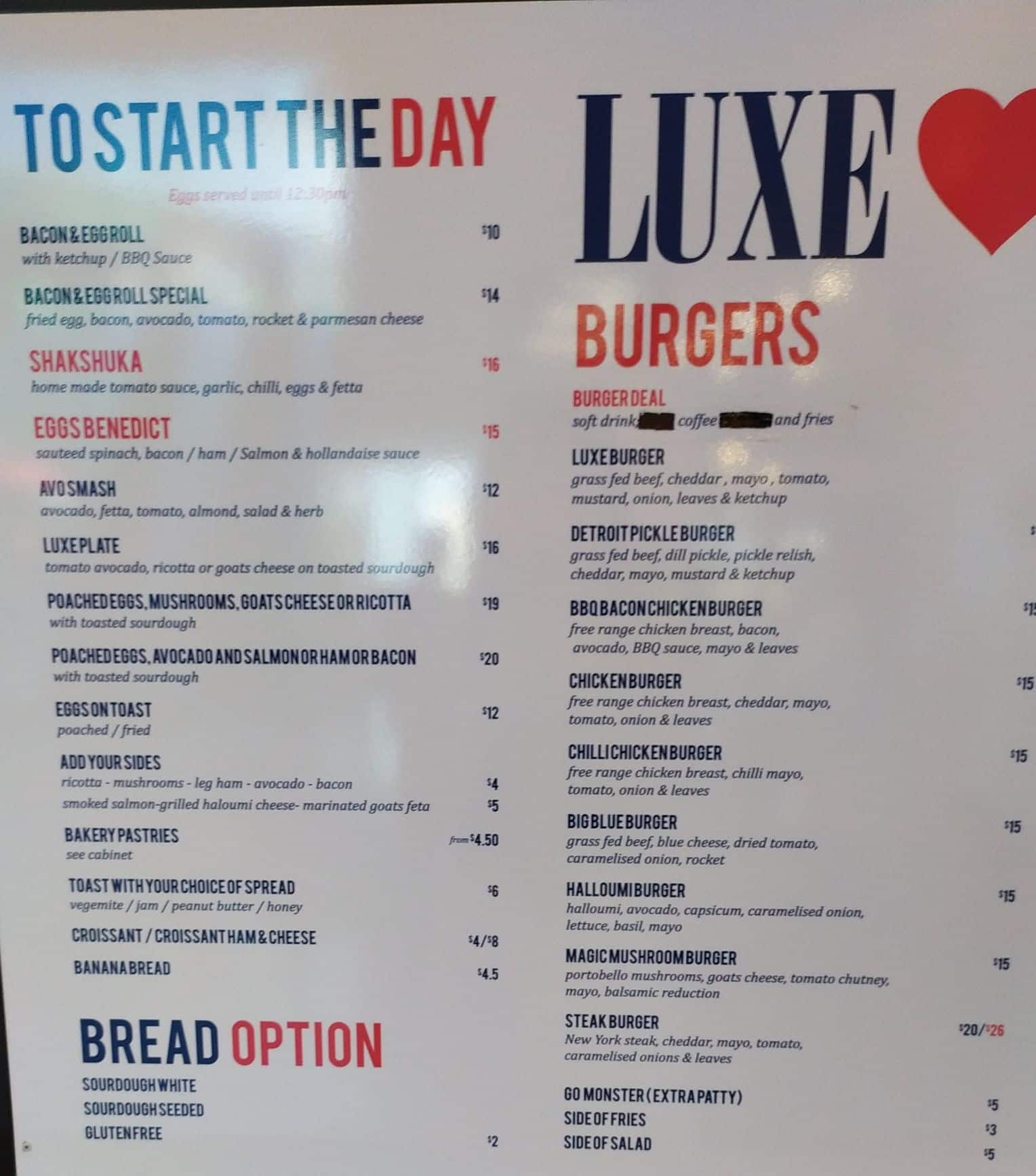 Menu At Luxe Cafe Bondi Junction Westfield