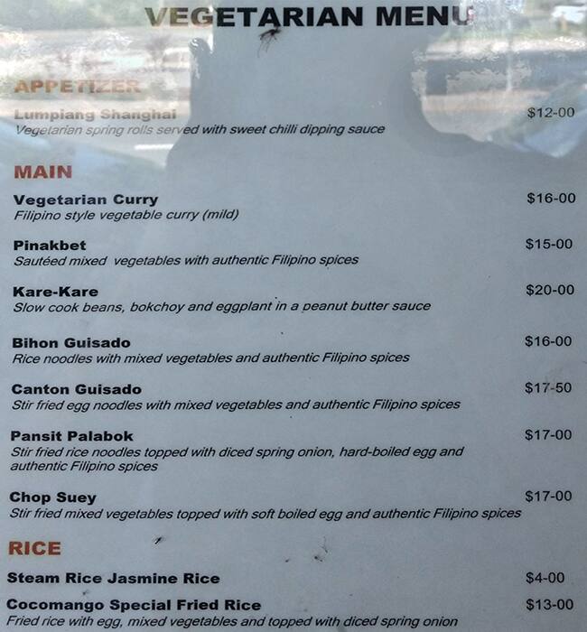 Menu at Coco Mango restaurant, Redcliffe