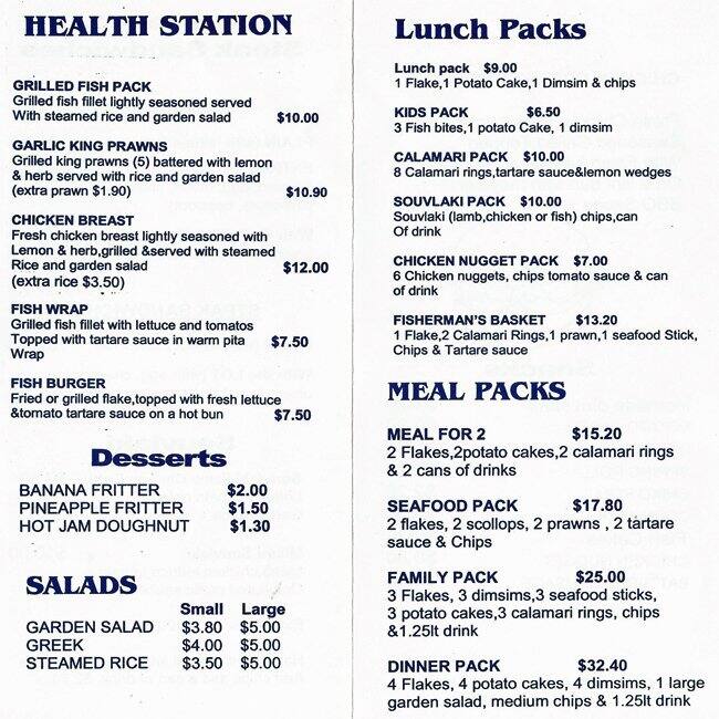 Carta de Deep Blue Fish & Chip Shop