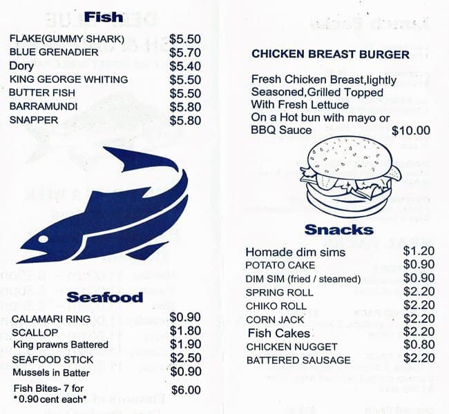 Carta de Deep Blue Fish & Chip Shop