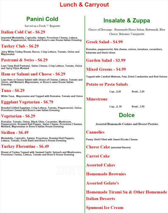 Bono's Menu, Menu v reštaurácii Bono's, Golden, Denver Urbanspoon/Zomato