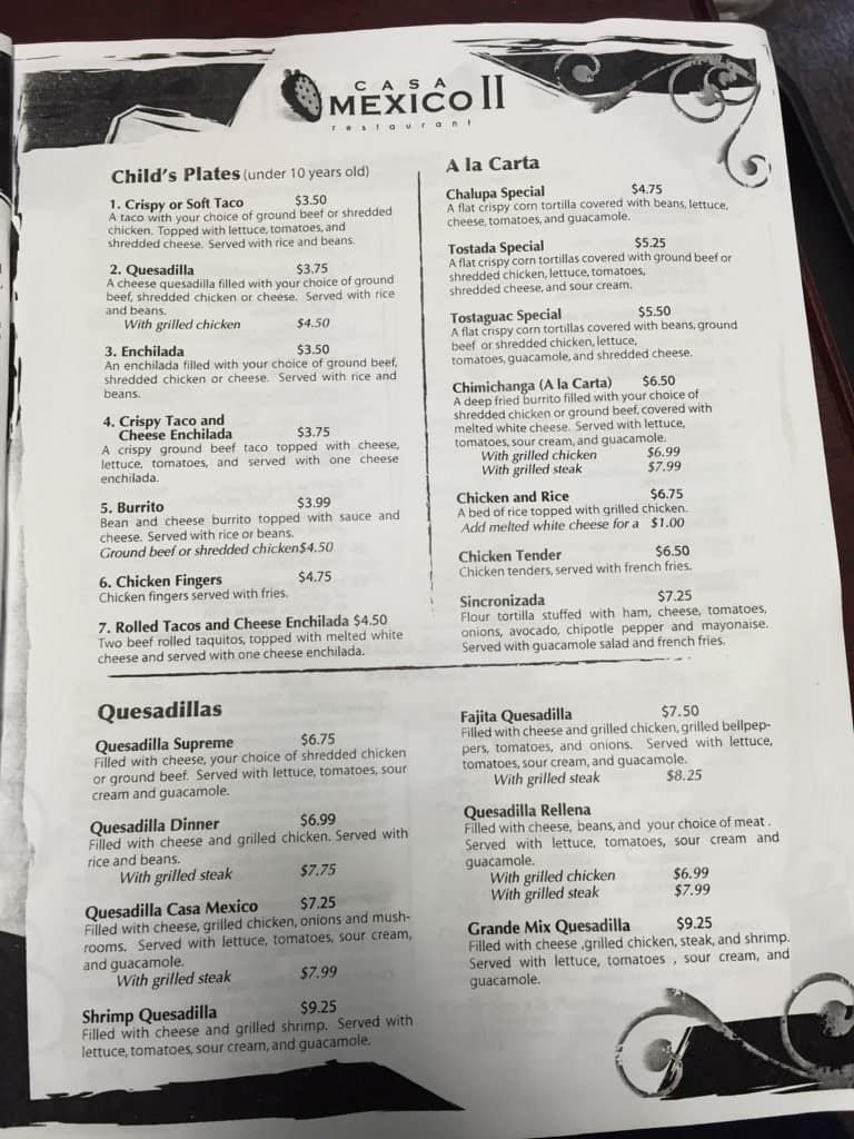 Menu at Casa Mexico II restaurant, Warner Robins