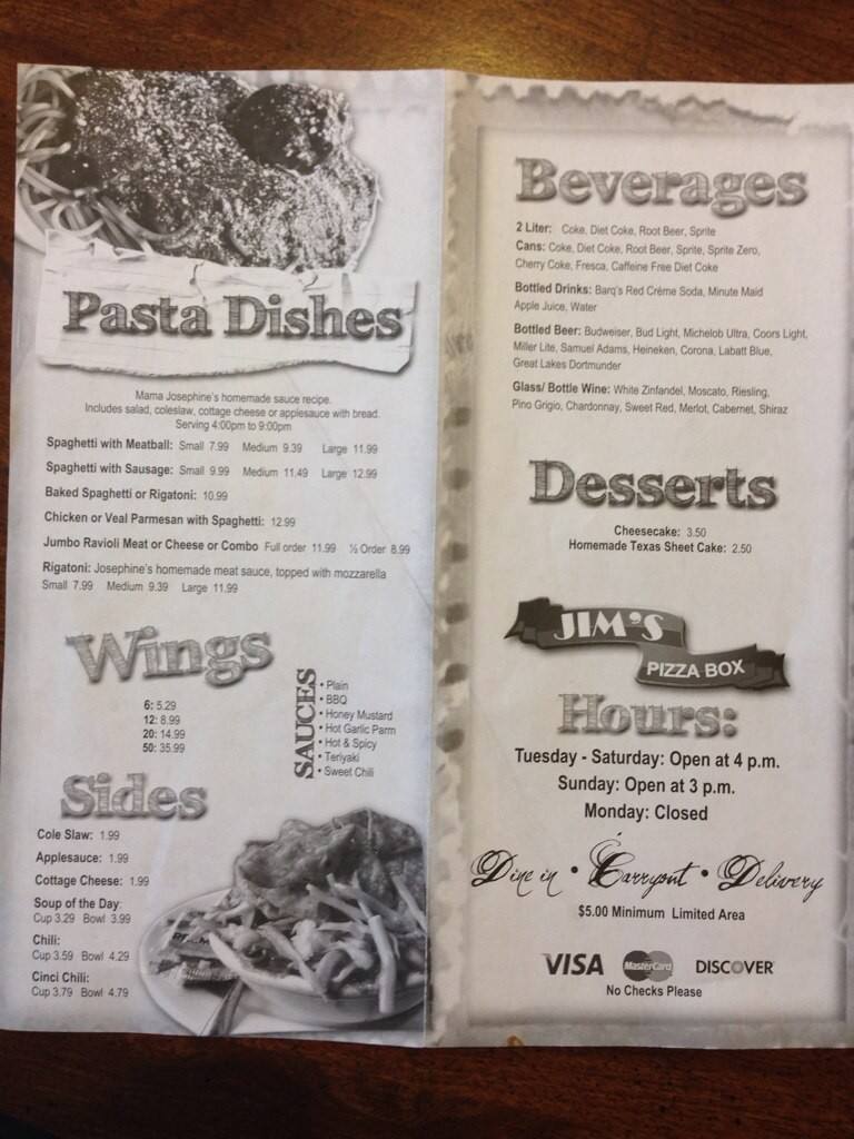 Menu at Jim's Pizza Box pizzeria, Huron