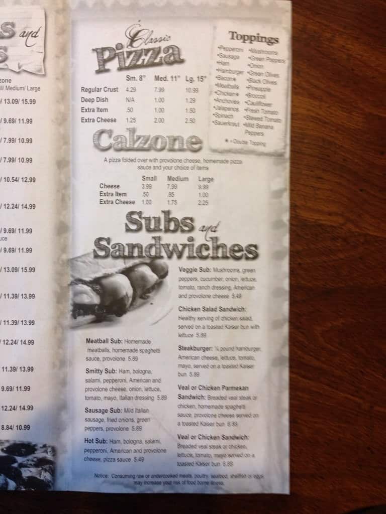 Menu at Jim's Pizza Box pizzeria, Huron