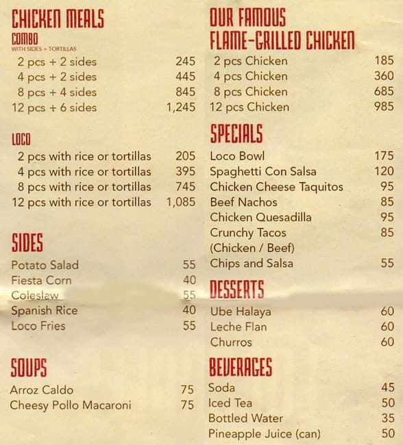 El Pollo Loco Menu, Menu for El Pollo Loco, Mall of Asia Complex (MOA