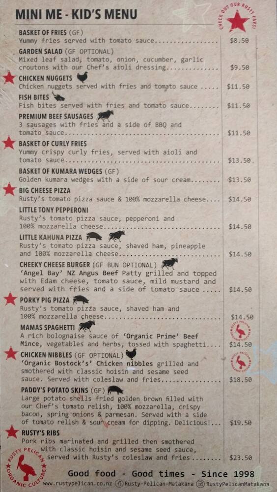 Menu Rutsu Menu at Rusty Tui Sports Bar, Matakana