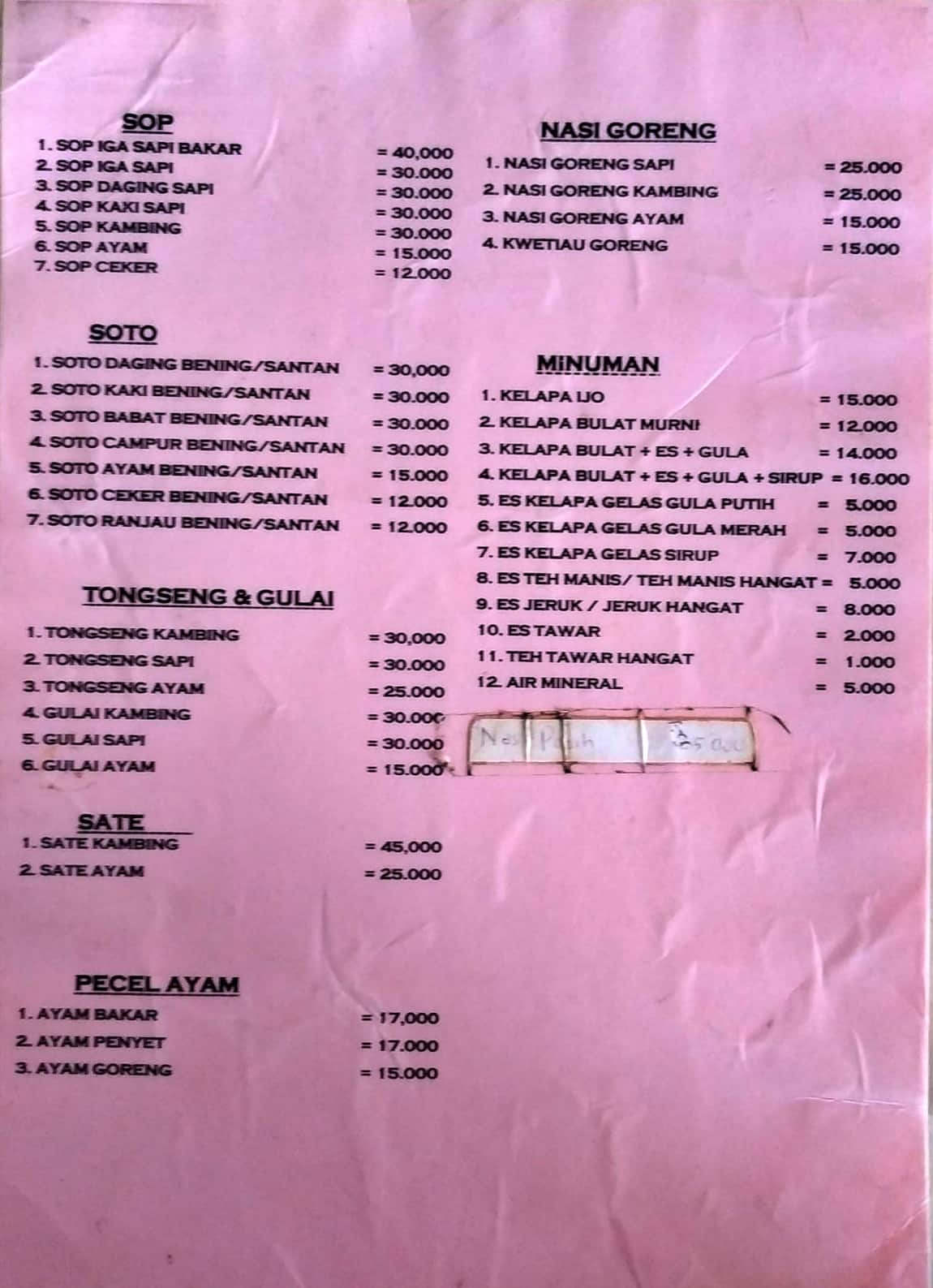 Menu at Sop Dan Soto Djakarta Pak Amin restaurant, Depok, Jl. Bukit ...