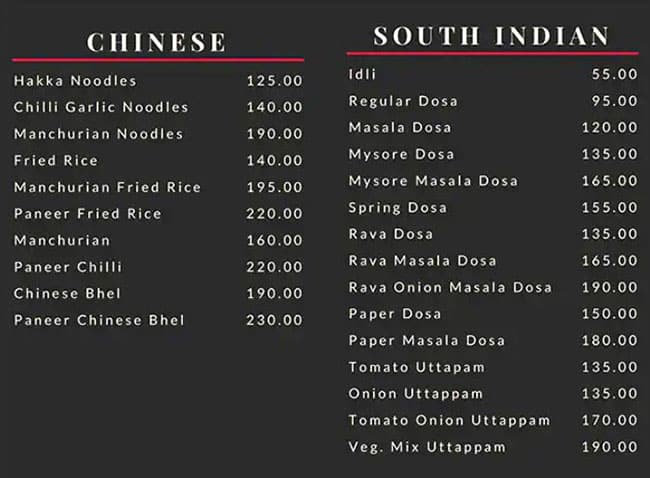 Red Rose Restaurant menu