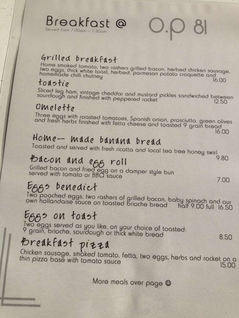 O.P 81 Cafe Menu, Menu for O.P 81 Cafe, Coffs Harbour, Coffs Harbour