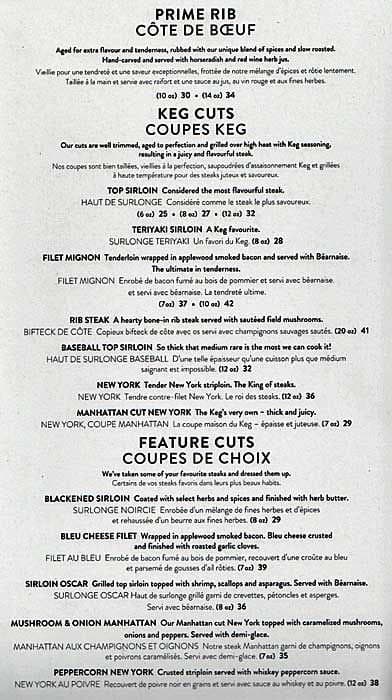 The Keg Dinner Menu