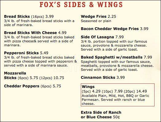 Foxs Pizza menu