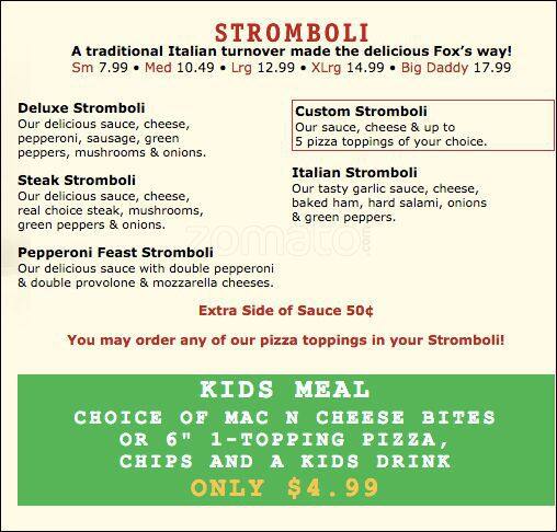 Foxs Pizza menu