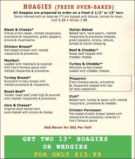 Foxs Pizza menu