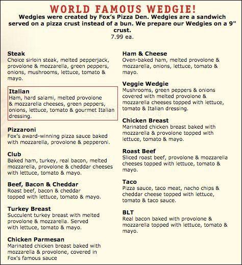 Foxs Pizza menu