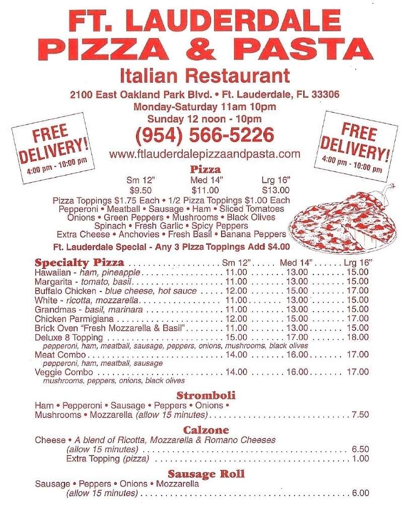 Fort Lauderdale Pizza & Pasta Menu Urbanspoon/Zomato