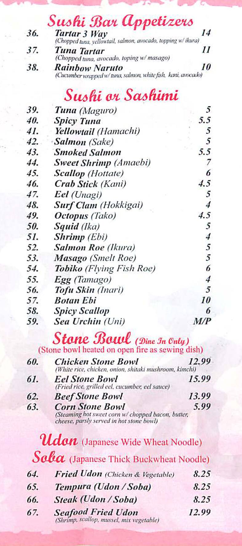 Menu at kuramoto restaurant pleasant view