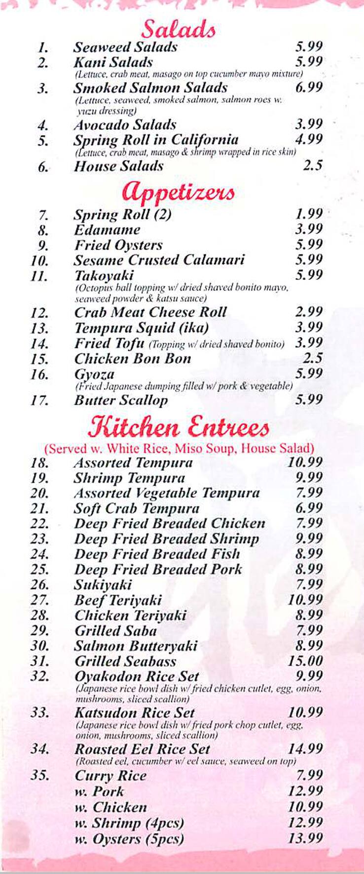 Menu at kuramoto restaurant pleasant view