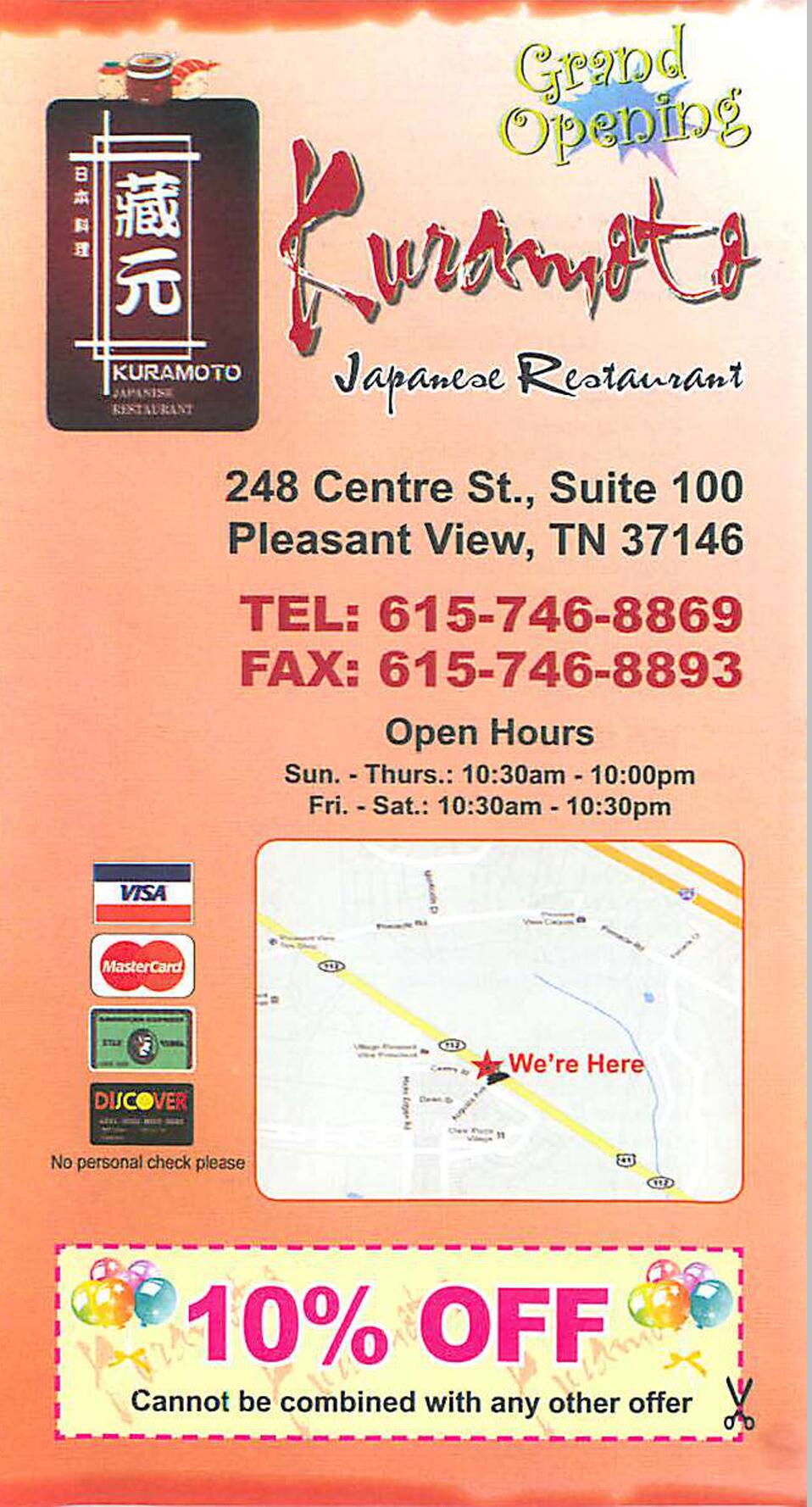 Menu at kuramoto restaurant pleasant view