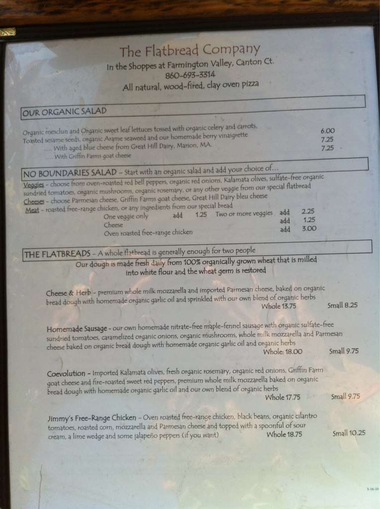 Flatbread Company Menu, Menu for Flatbread Company, Canton, Hartford