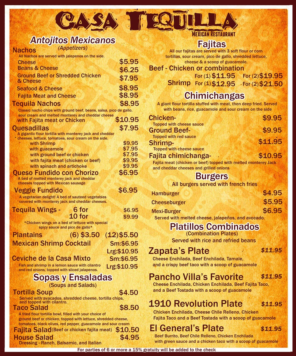 Casa Tequila Mexican Restaurant Menu - Urbanspoon/Zomato