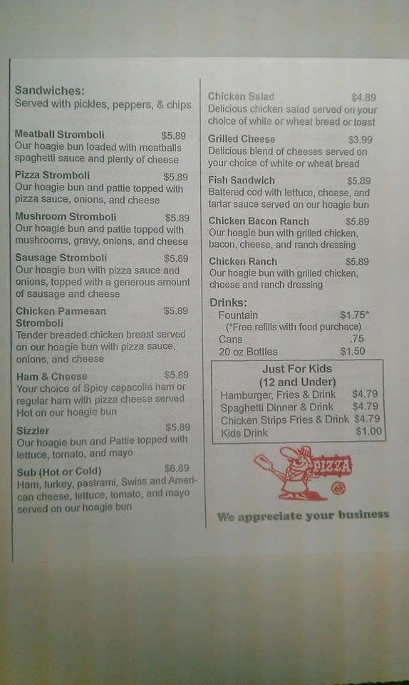 Menu at Pizza Place pizzeria, Connersville, 105 E 16th St