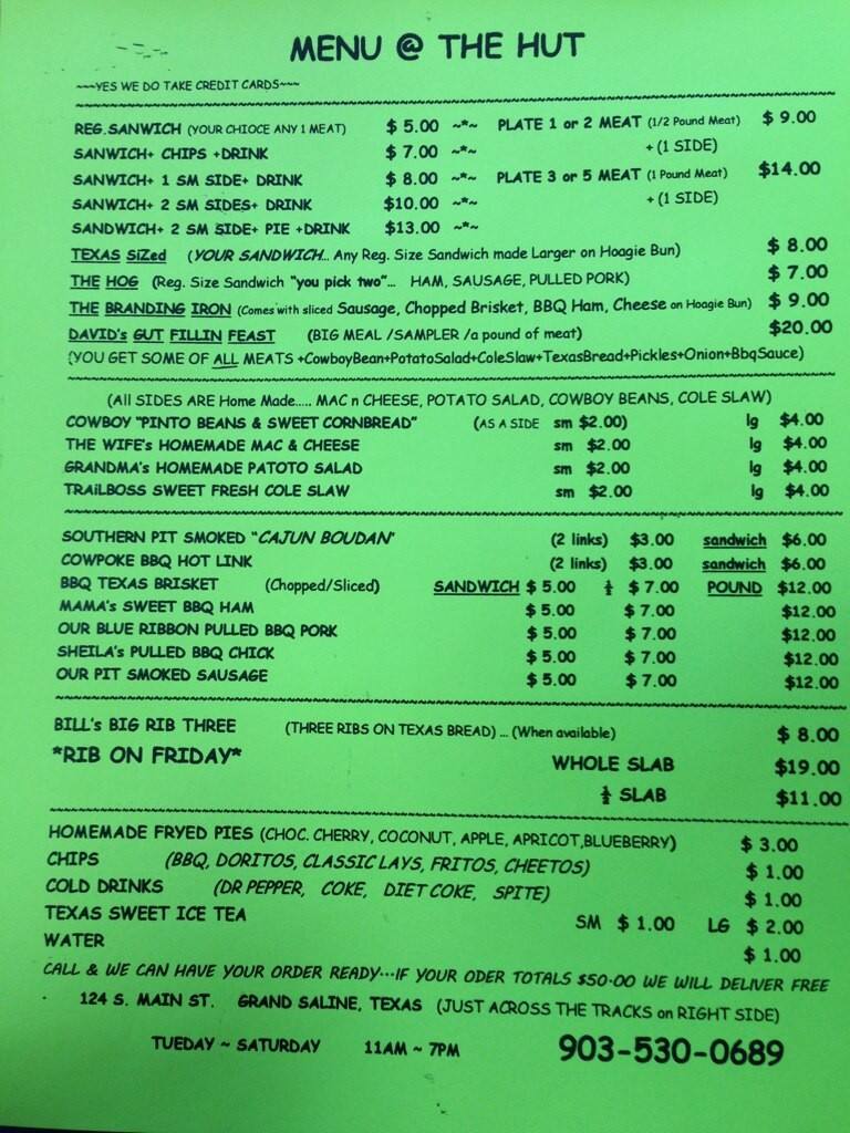 The Feed Hut Menu, Menu for The Feed Hut, Grand Saline, Grand Saline