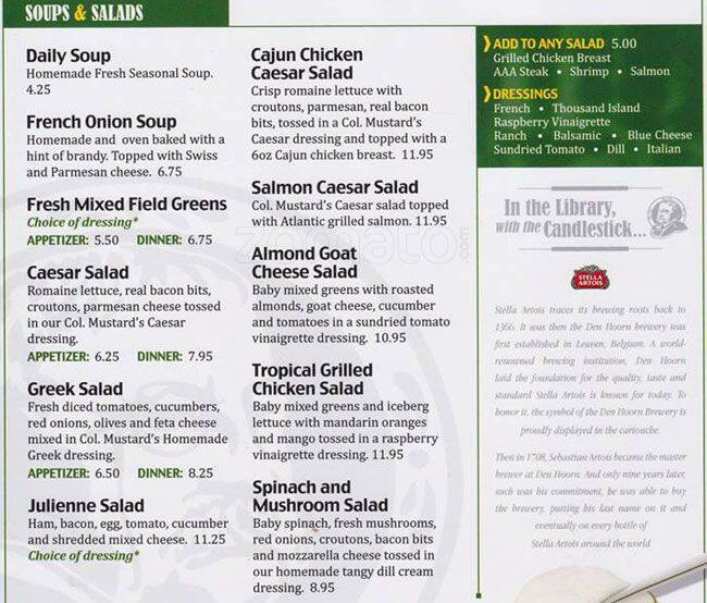 Menu at Col Mustard Bar&Grill, Port Perry