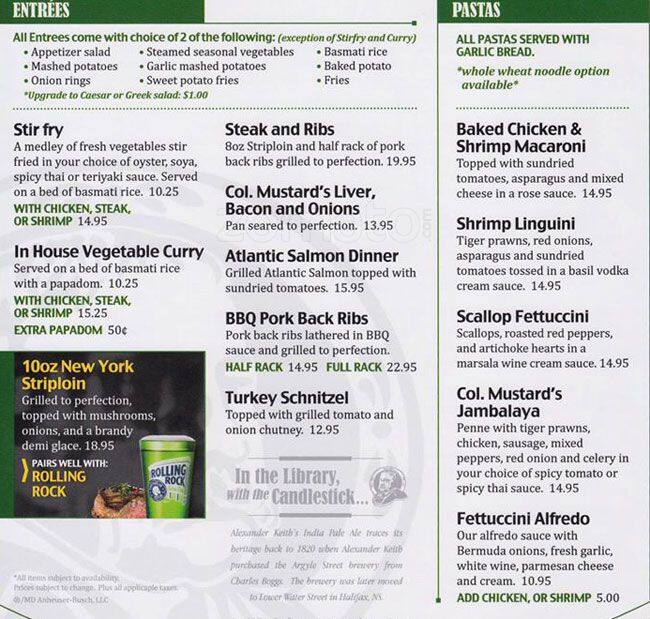 Menu at Col Mustard Bar&Grill, Port Perry