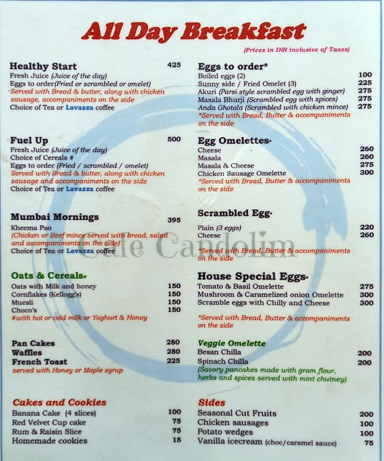 Menu of Cafe Candolim, Candolim, Goa