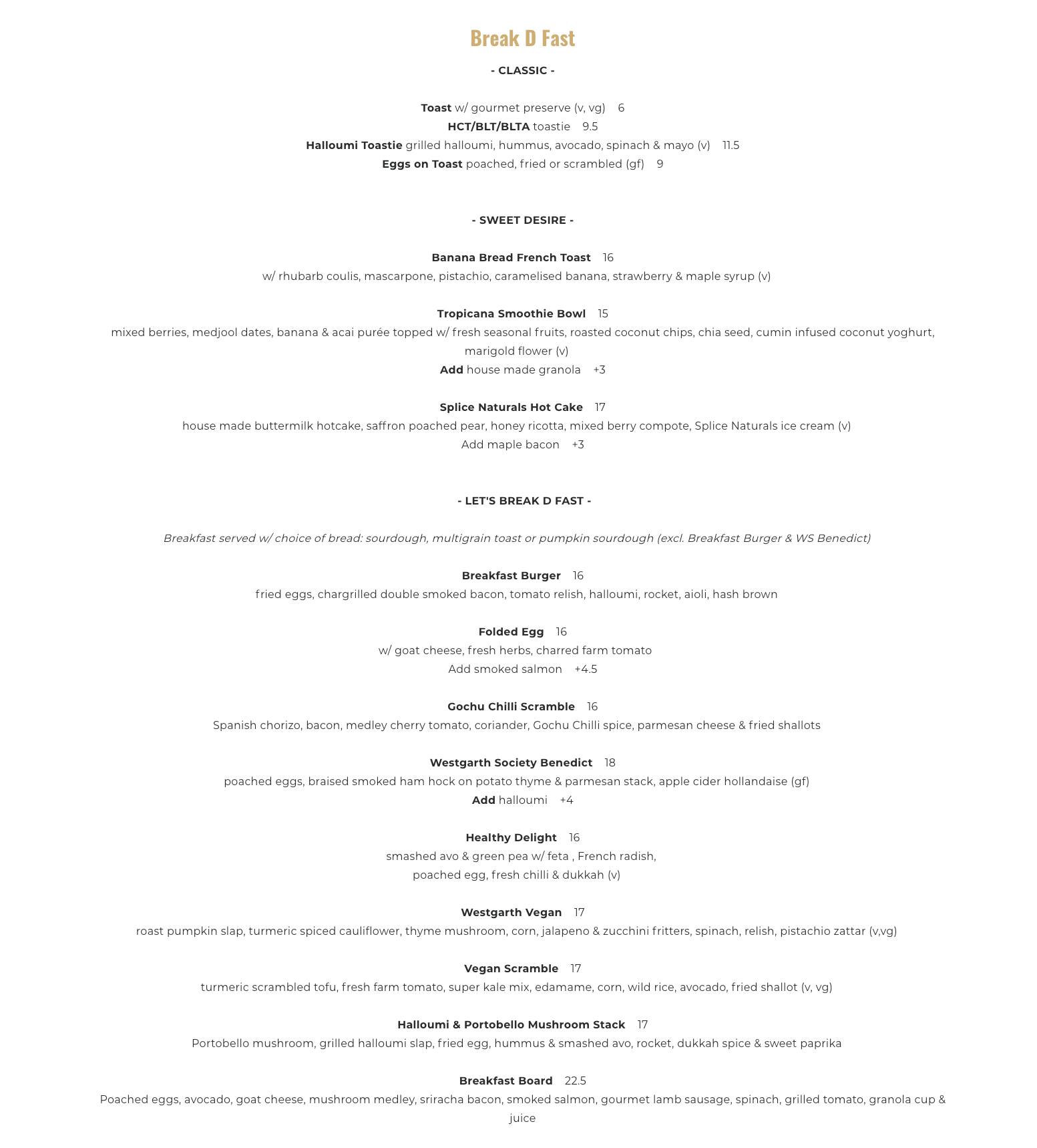 Menu at Westgarth Social cafe, Northcote