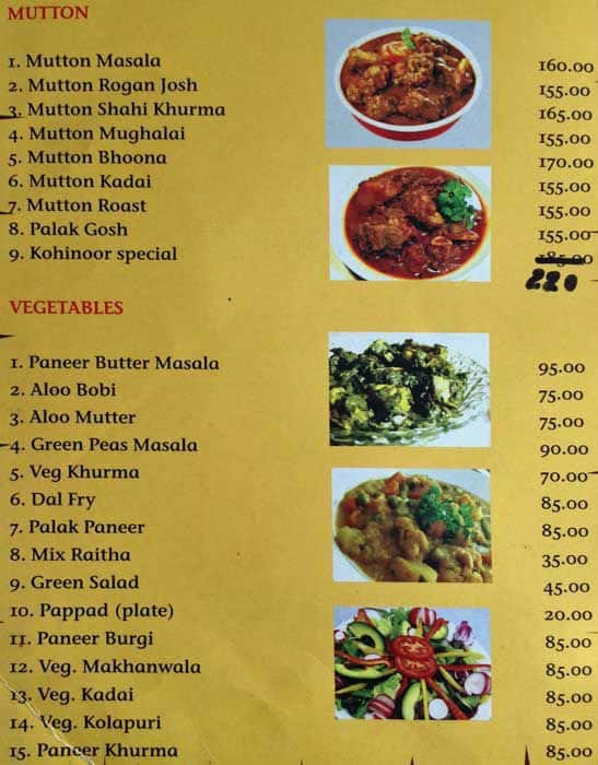 Menu at New Kohinoor, Mysuru