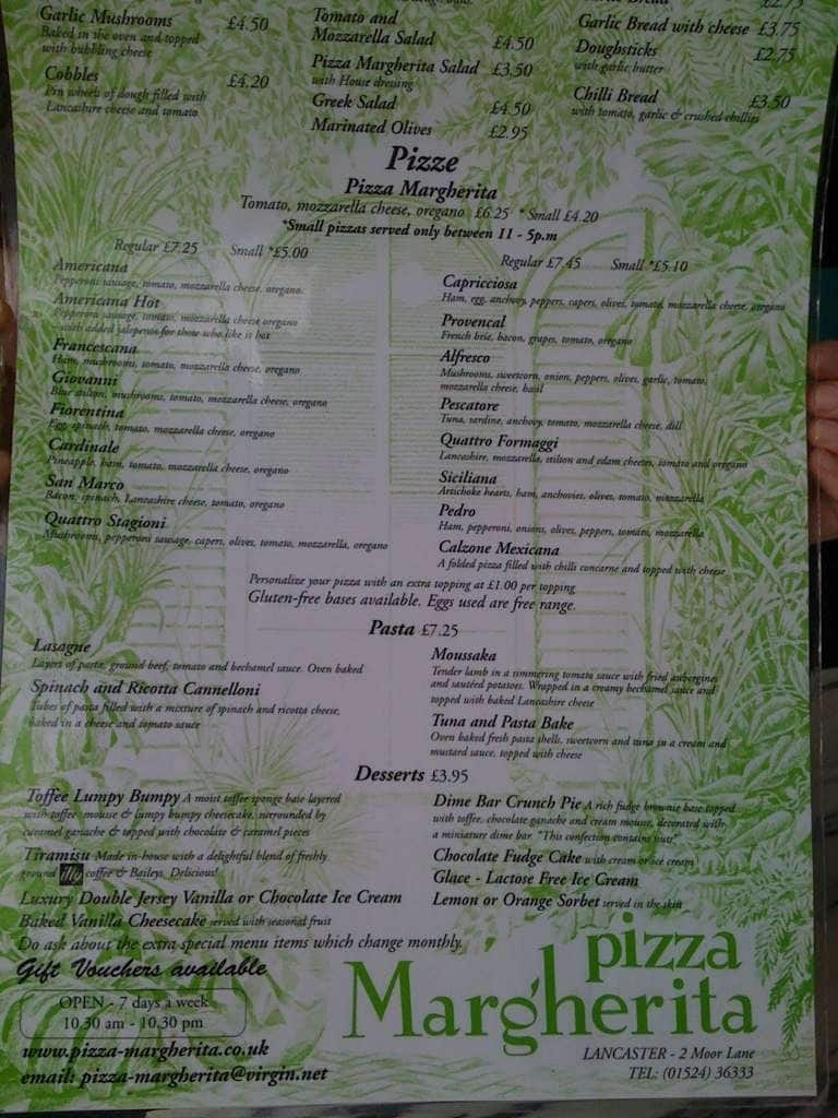 Pizza Margherita Menu, Menu for Pizza Margherita, Lancaster, North West