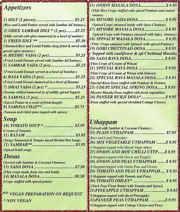 Udupi Palace Menu, Menu for Udupi Palace, Mission District, San ...