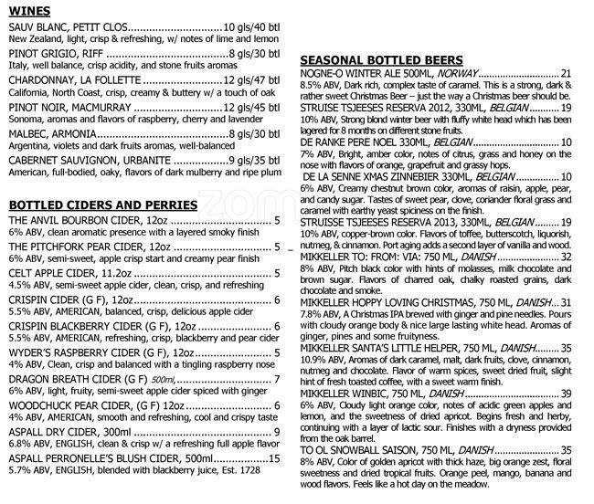 Menu at The Refuge restaurant, Menlo Park