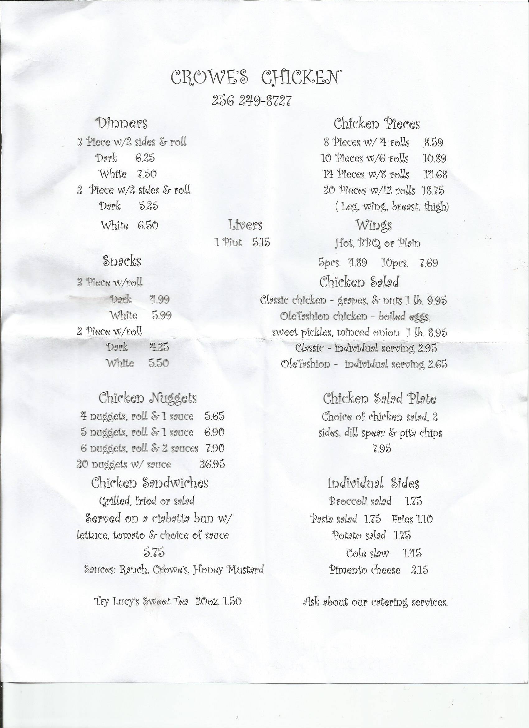 Crowe's Chicken Menu, Menu for Crowe's Chicken, Sylacauga, Sylacauga