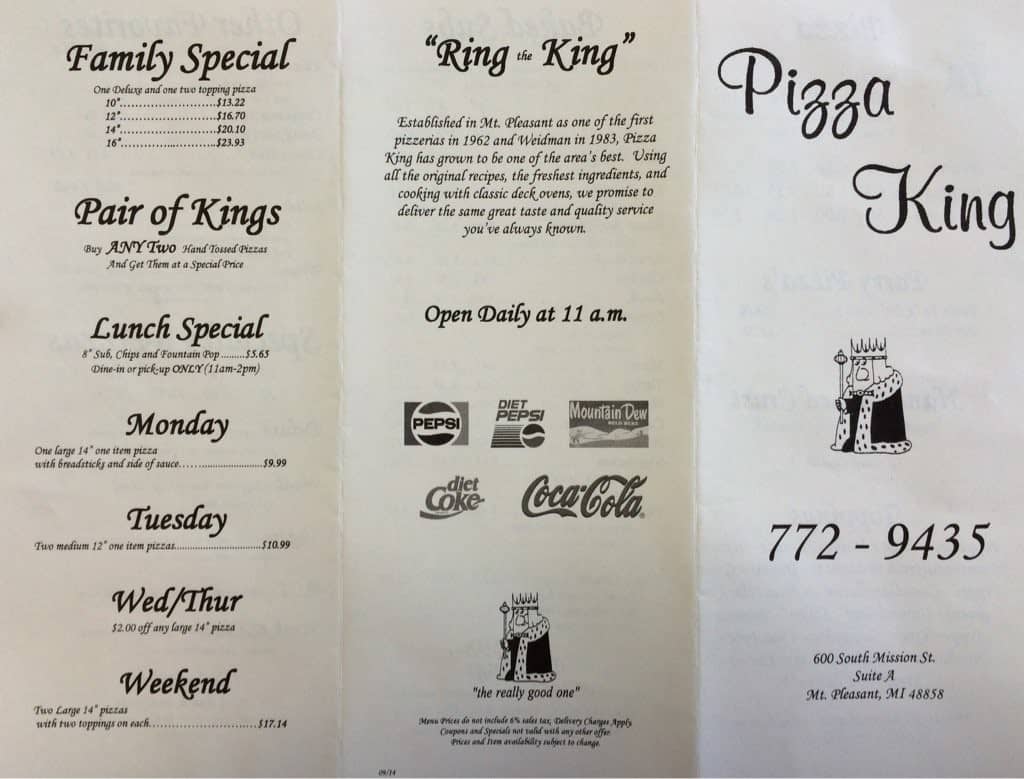 Pizza King Menu, Menu for Pizza King, Mt Pleasant, Mt Pleasant