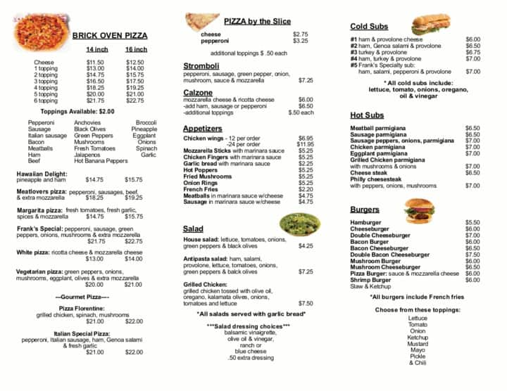 Frank's Pizza & Subs Menu - Urbanspoon/Zomato