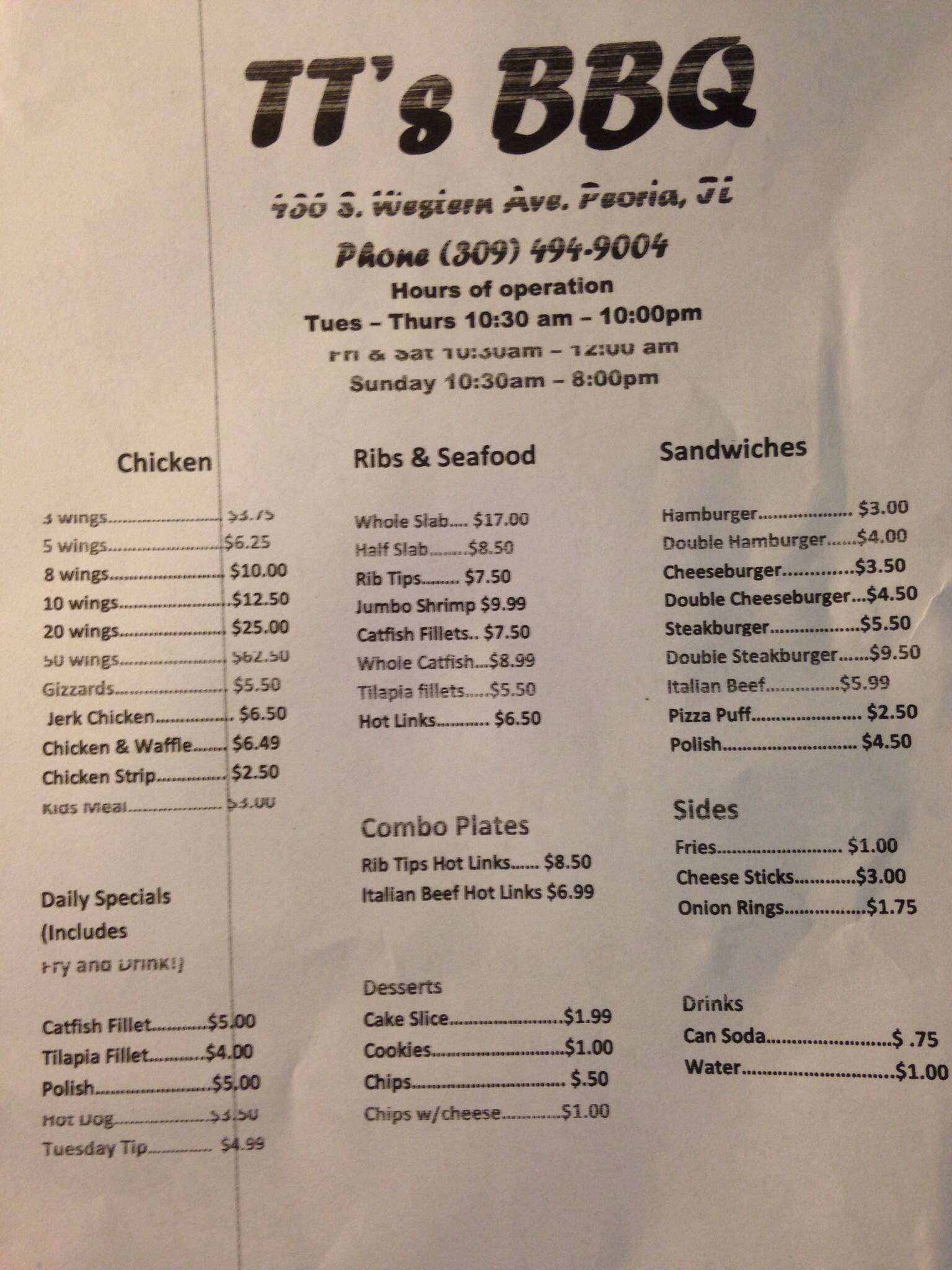 TT's Barbeque Menu, Menu for TT's Barbeque, Peoria, Peoria Urbanspoon