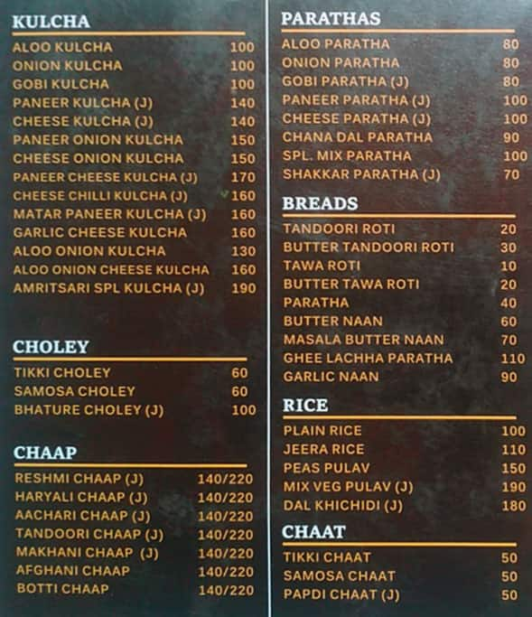 Menu of Hidden Punjab, Mulund West, Mumbai