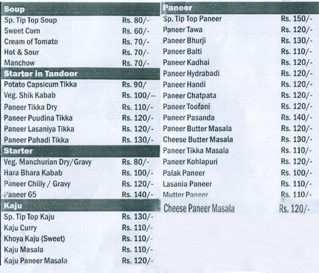 Tip Top Restaurant Menu, Menu for Tip Top Restaurant, Subhanpura