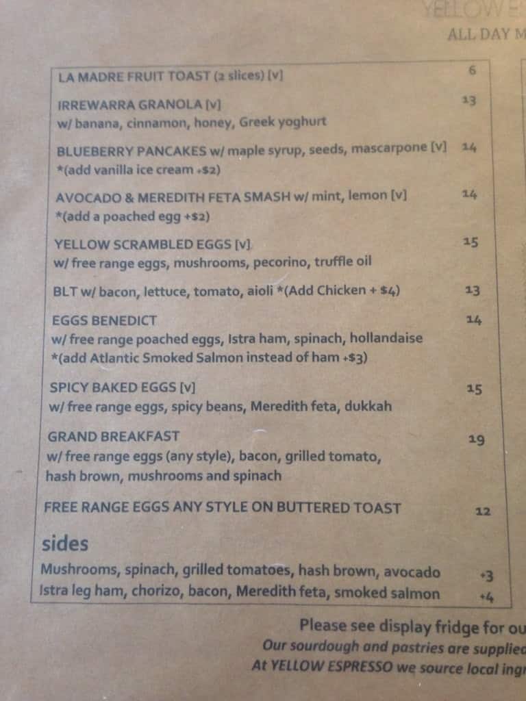 Yellow Espresso Menu, Menu for Yellow Espresso, Ballarat, Ballarat