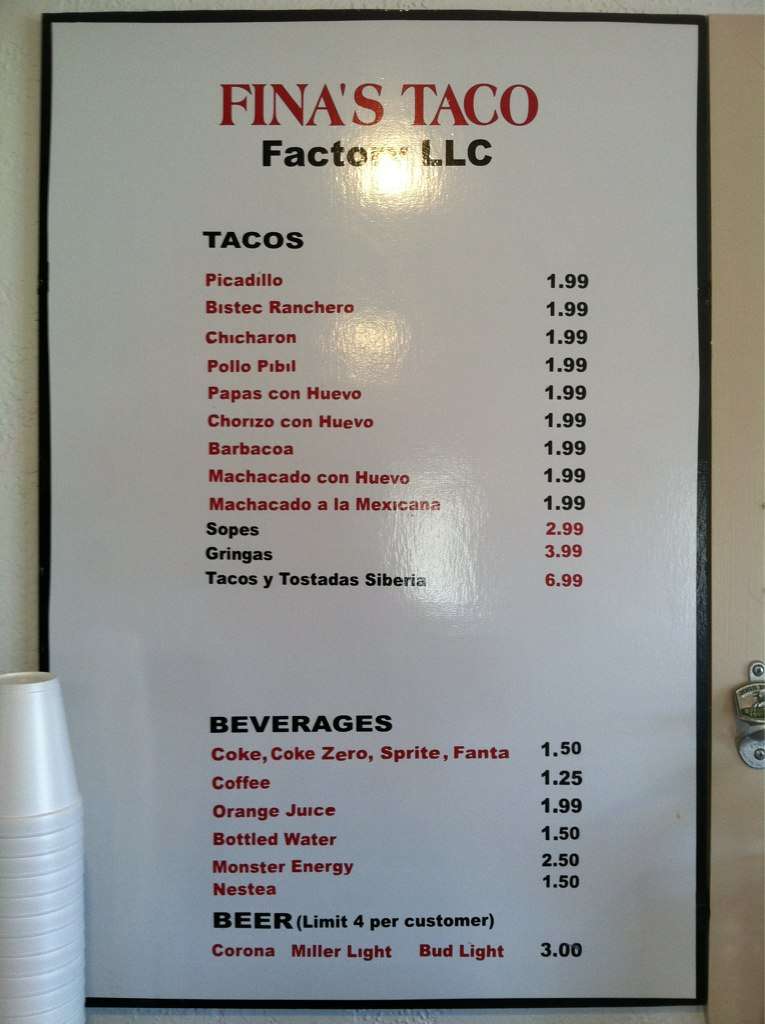 Fina's Taco Factory Menu, Menu for Fina's Taco Factory, Tomball