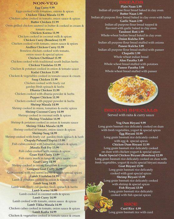 Ruchi Authentic Indian Cuisine menu