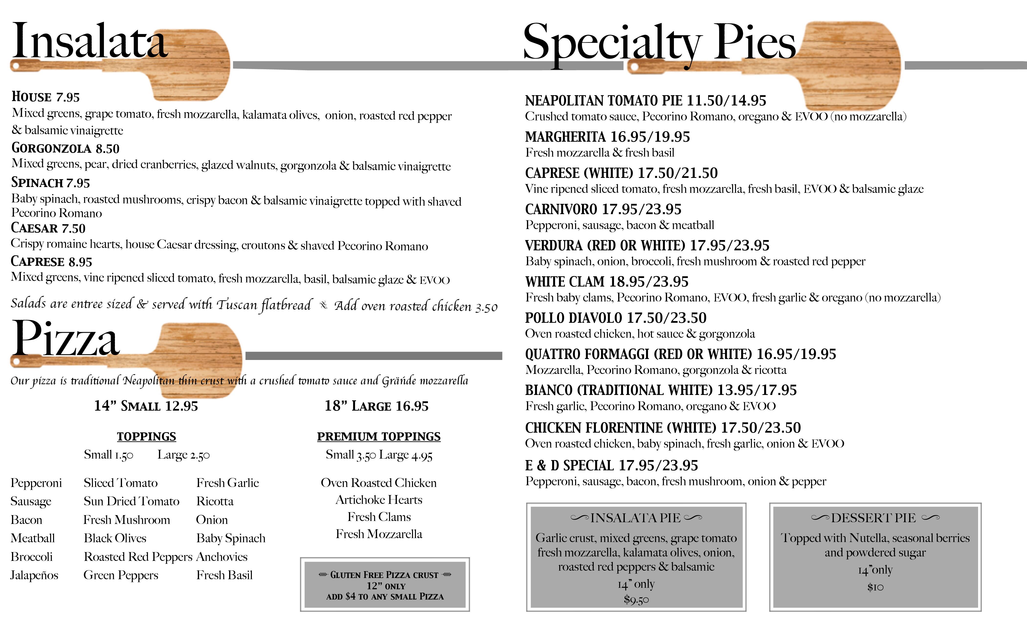 Menu at E&D Pizza Company pizzeria, Avon