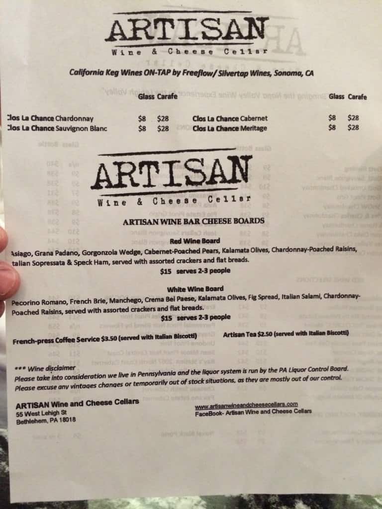 Menu at Artisan Wine & Cheese Cellar pub & bar, Bethlehem